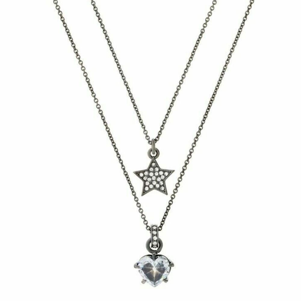 Juicy Couture Double Layer Hematite Star and Heart Crystal Pave Necklace